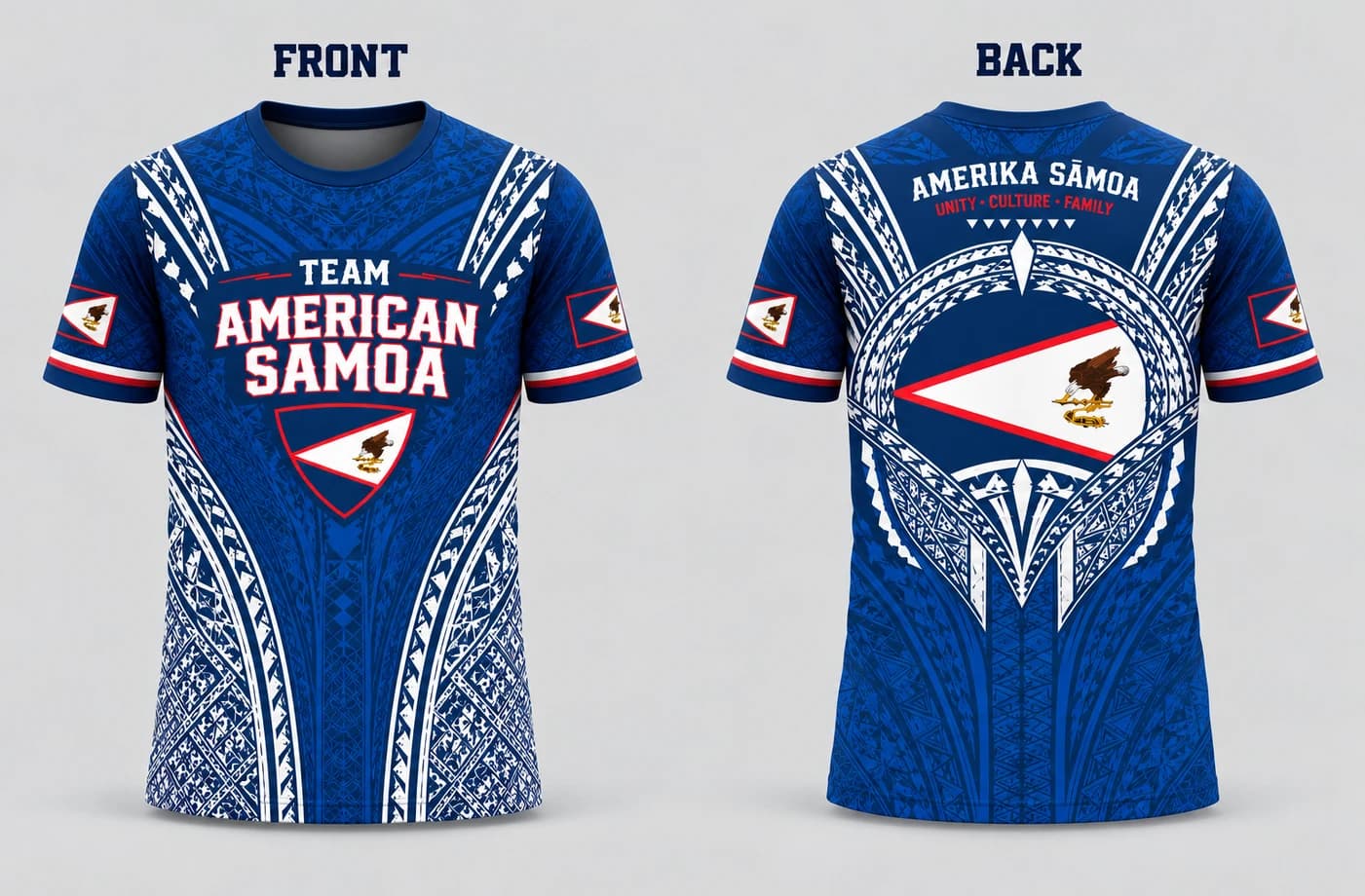 Team American Samoa royal blue jersey, front and back. Team American Samoa above the flag on the chest, the flag on both sleeves, and Amerika Sāmoa over Unity, Culture, Family above a flag roundel across the back.