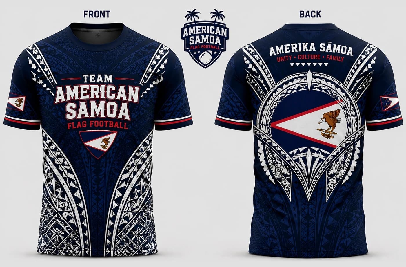 The signature Team American Samoa flag football match jersey, front and back. Navy with white tatau panels, the American Samoa flag on the chest and both sleeves, and Amerika Samoa above Unity, Culture, Family across the back.