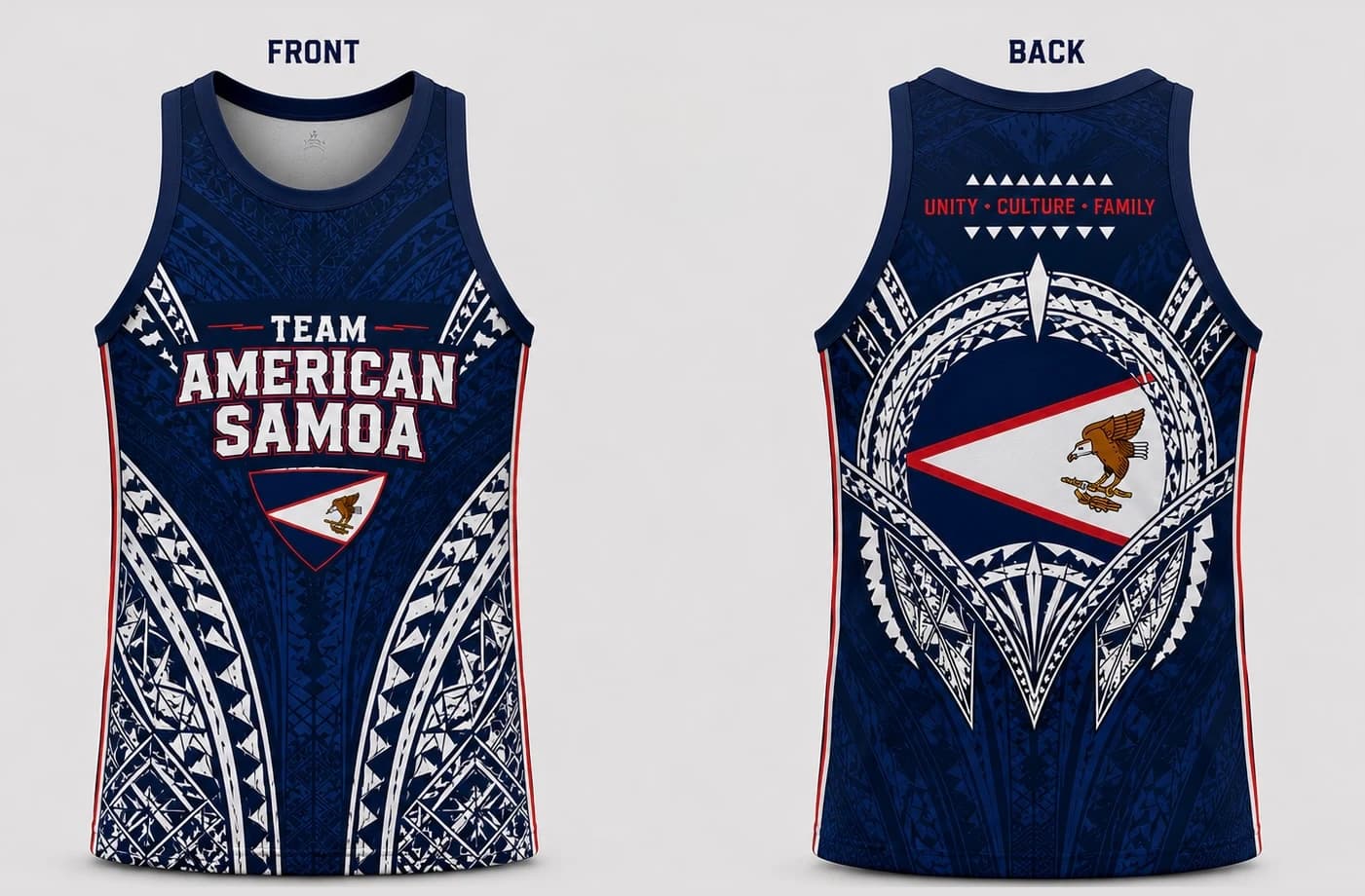 Team American Samoa navy training tank, front and back, with white tatau panels and the flag roundel on the reverse.